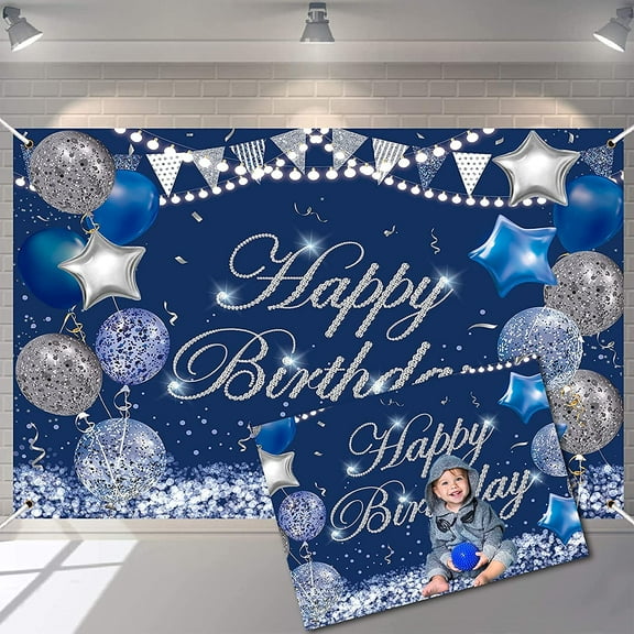 Happy Birthday Party Backdrop Banner,Blue and Grey Balloons Photography Background,Boys Men 1st 16th 18th 21th Birthday Party Decorations Cake Table Suppliers Booth