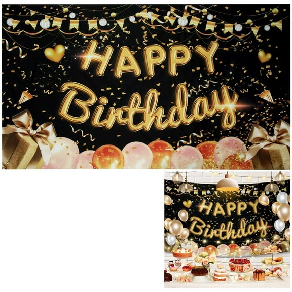 Happy Birthday Party Backdrop Banner, Glitter Balloon Photography Background, 43.370.9" Large Photo Booth Banner, Indoor& Outdoor Birthday Party Decorations for Kids Men Women(Black& Golden)