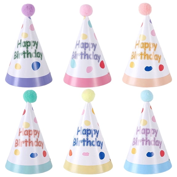 Happy Birthday Party Hats 6-Pack - Colorful Pom-Pom & Confetti Dot Design for Festive Celebrations
