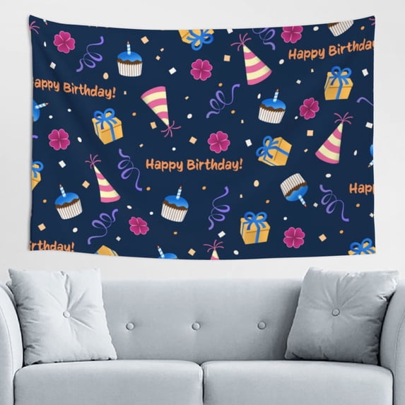 Happy Birthday Party Tapestry, Cake Gifts Candle Wall Hanging Tapestries Dorm Room Home Decor, 60" x 40"