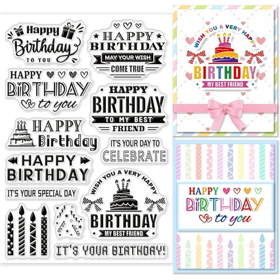 Happy Birthday Pattern Clear Stamps Transparent Rubber Stamps Words Candles Banner for DIY Scrapbooking Stamps Birthday Card Making Decoration Paper DIY