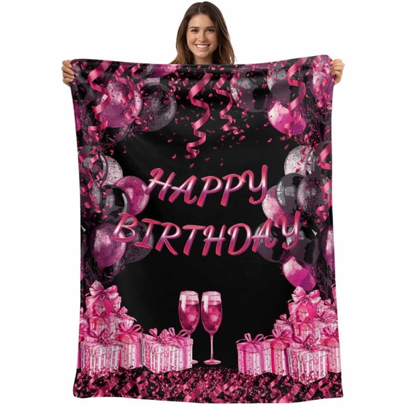 Happy Birthday Pink Blanket Soft Cozy Warm Throw Blanket for Couch, Plush Fuzzy Flannel Fleece Blankets for Sofa, Gifts Balloons Goblet Glitter Ribbons Black Bed Blankets Gifts for Men, 32"x48"