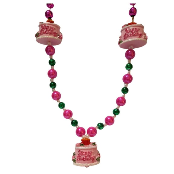 Happy Birthday Pink Cake Girl Mardi Gras Beads Party Favor Necklace