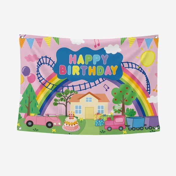 Happy Birthday Pink Pig Backdrop Cartoon Pink Pig Theme Banner Cartoon Decorations Photo Photography Background for Girls & Boys Birthday Party Decorations