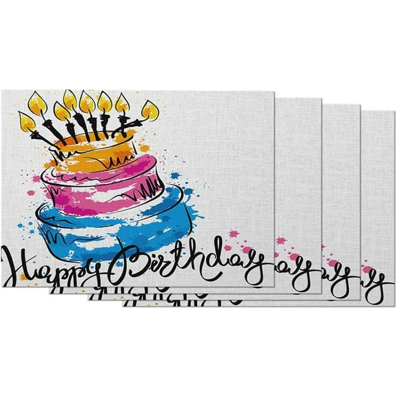 Happy Birthday Placemat Non-Slip Cotton Linen Washable Place Mats Cake Handwritten Calligraphy Blot Candles for Dining Table Kitchen Heat Resistant Table Mats, Set of 4