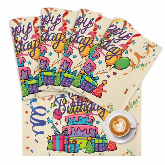 Happy Birthday Placemats Set of 1 Ribbon Cake Gift Balloon Modern Celebration Place Mats Washable Table Mats for Party Kitchen Dining Decoration, 13 X 19 Inch