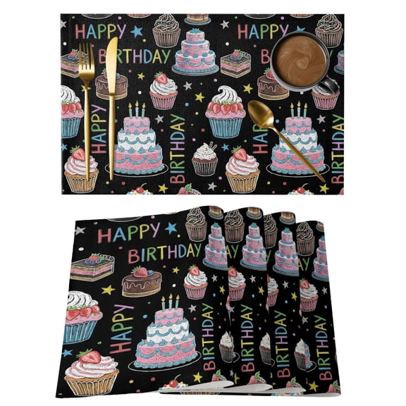 Happy Birthday Placemats Set of 4 Cartoon Funny Colorful Cakes Star Black Place Mats Indoor Wipeable Table Mats Washable Cloth Dining Table Placemats for Kitchen Holiday Party Home Decor 13x19 Inch