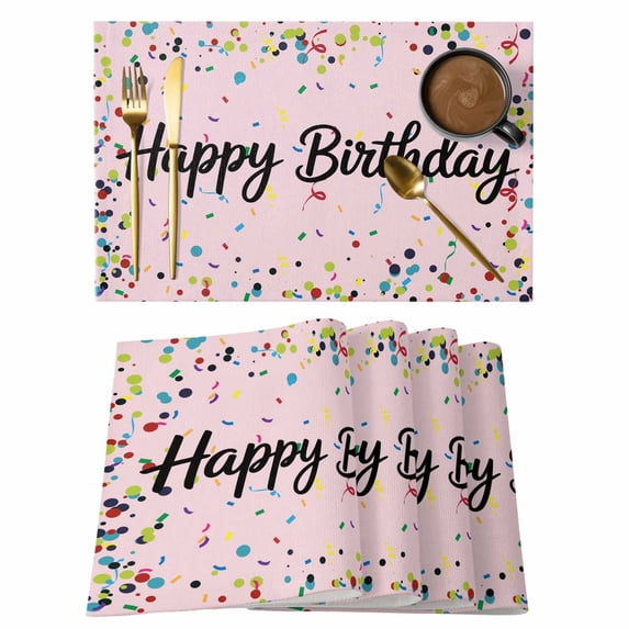 Happy Birthday Placemats Set of 4, Pink Modern Abstract Art Placemats for Dining Table, Place Mats for Kitchen Tabletop, Waterproof Wipeable Dining Table Mats Set