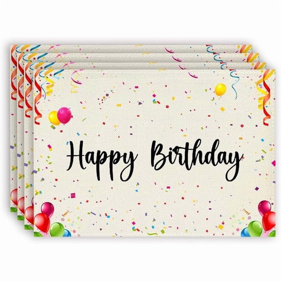 Happy Birthday Placemats Set of 4, Polka Dot Ribbon Retro Cotton Linen Table Mats Non-Slip Washable Print Placemat for Holiday Banquet Dining Kitchen Table Decor