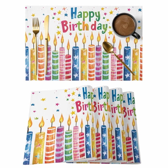 Happy Birthday Placemats Set of 4 Retro Colorful Candle Star Place Mats Indoor Wipeable Table Mats Washable Cloth Dining Table Placemats for Kitchen Holiday Party Home Decor 13x19 Inch