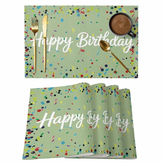Happy Birthday Placemats Set of 4, Sage Green Modern Abstract Art Placemats for Dining Table, Place Mats for Kitchen Tabletop, Waterproof Wipeable Dining Table Mats Set