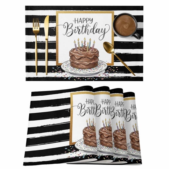 Happy Birthday Placemats Set of 4 Watercolor Cake Colored Candle Candy Black Stripes Heat Insulation Washable Place Mats, Rustic Non-Slip Table Mats for Dining Table Party Kitchen Decor,13x19 Inch