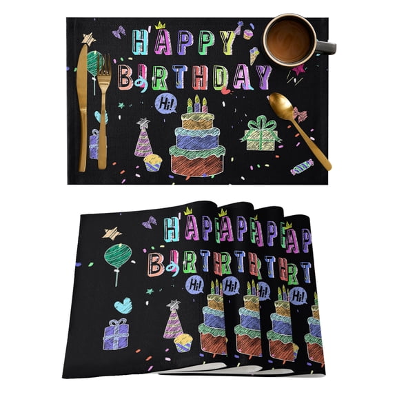 Happy Birthday Placemats Set of 6, Birthday Gifts Cake Balloons Black Placemats for Dining Table, Place Mats for Kitchen Tabletop, Waterproof Wipeable Dining Table Mats Set