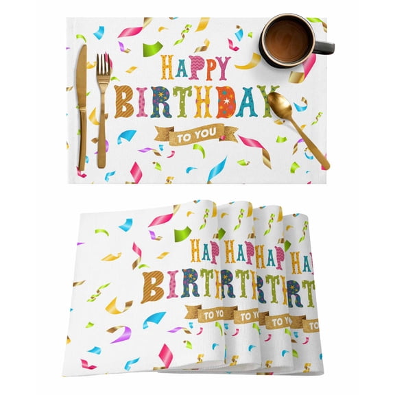 Happy Birthday Placemats Set of 6 Colorful Ribbon Cheers Celebration Heat Insulation Washable Place Mats, Rustic Non-Slip Table Mats for Dining Table Party Kitchen Decor,13x19 Inch