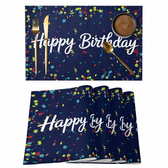 Happy Birthday Placemats Set of 6, Navy Blue Modern Abstract Art Placemats for Dining Table, Place Mats for Kitchen Tabletop, Waterproof Wipeable Dining Table Mats Set