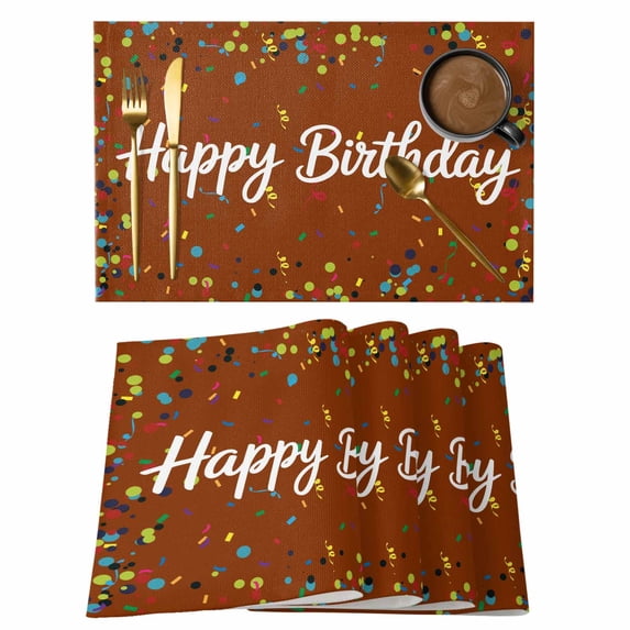 Happy Birthday Placemats Set of 8, Brown Modern Abstract Art Placemats for Dining Table, Place Mats for Kitchen Tabletop, Waterproof Wipeable Dining Table Mats Set