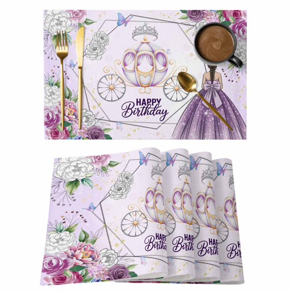 Happy Birthday Placemats Set of 8, Purple Luxury Dress Crown Carriage Flowers Placemats for Dining Table, Place Mats for Kitchen Tabletop, Waterproof Wipeable Dining Table Mats Set