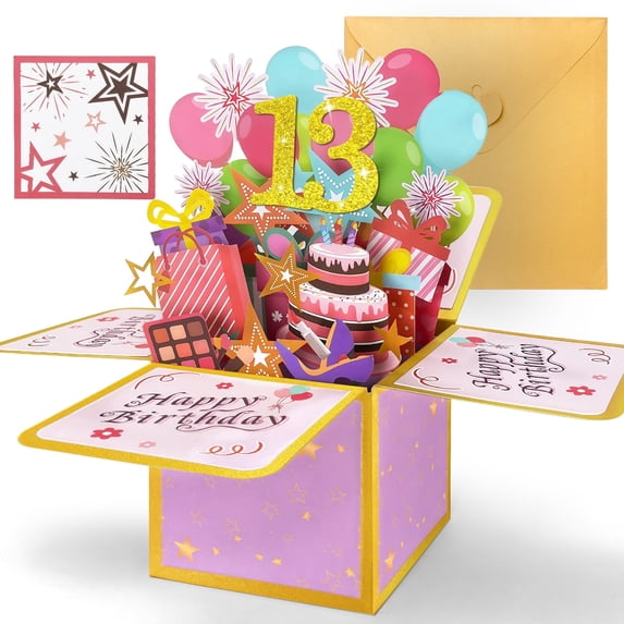 Happy Birthday Pop Up Card, Handmade Birthday Greeting Card With Envelope, 3D Gift Box Celebration Card for 13-year-old children, Adults, Mom, Dad, Daughter, Son, Sister