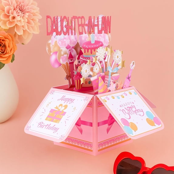 Happy Birthday Pop up Card, Pink Girly 3D Birthday Gift Box Balloon Star Firework Pop up Gift Box with Envelope Greeting Card for Daughter-in-Law