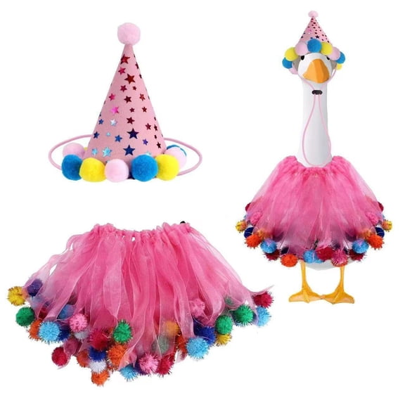 Happy Birthday Porch Goose Outfit Lawn Goose Clothes Hat And Tutu Collar Goose Outfits for 23"/17" Cement/Plastic Porch Goose Outdoor Statue Patio Yard Lawn Art(Pink)