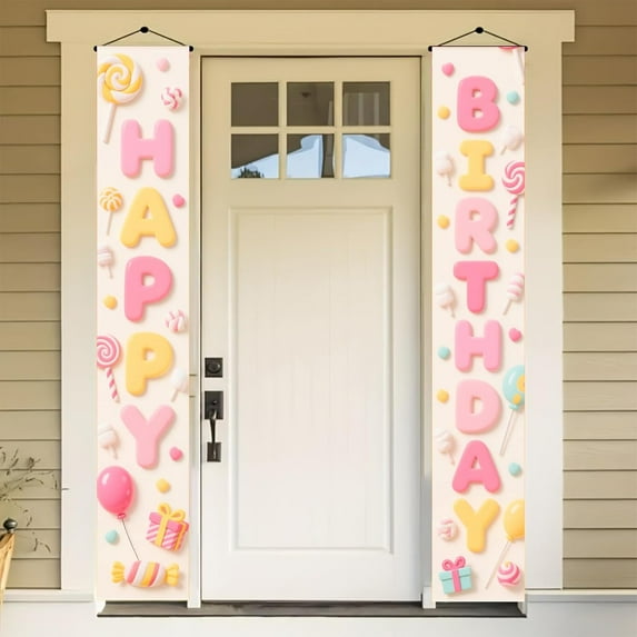 Happy Birthday Porch Sign Banner Vertical Pink Balloons Birthday Door Banner Pastel Sweet Candy Birthday Party Decorations Banner for Outdoor