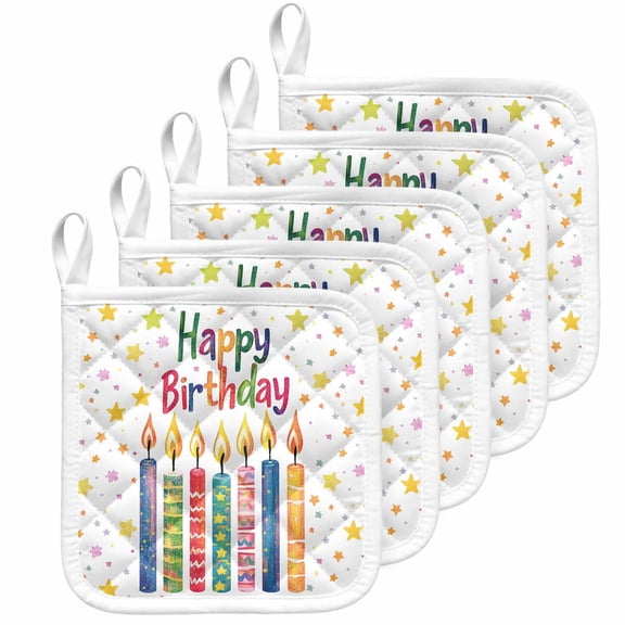 Happy Birthday Pot Holders for Kitchen Heatproof Potholder, 5 Pack Colorful Star Funny Celebration Hot Pads Multipurpose Oven Pads Cloth Potholders Trivet for Cooking Baking