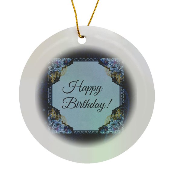3drose, Happy Birthday, Pretty Blue Flowers Corners, Gold Lace, Circle Porcelain Ornament
