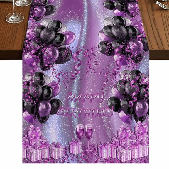 Happy Birthday Purple 120 Inch Table Runner, Gifts Balloons Goblet Shinning Glitter Ribbons Farmhouse Dresser Scarf Cotton & Linen Tablerunner for Dining/Kitchen Island 13" x 120"