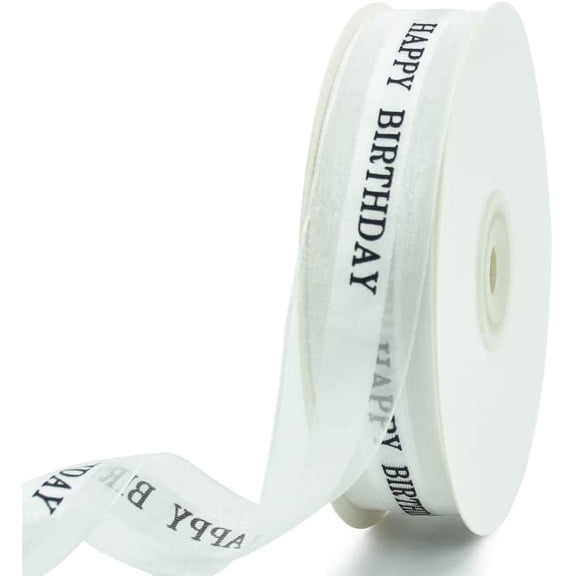Happy Birthday Ribbon 1 Inch White Satin Silk Ribbons for Gift Wrapping 50 Yards Chiffon Organza Party Supplies Bouquet Cake Box Decoration HBD-white -