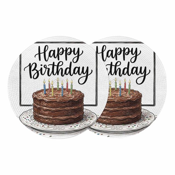 Happy Birthday Round 13 Inch Placemats Set of 2, Brown Chocolate Cake Colorful Candles HeatResistant Non Slip Place Mats for Dining Table, Wipeable Braided Kitchen Table Mats for Housewarming