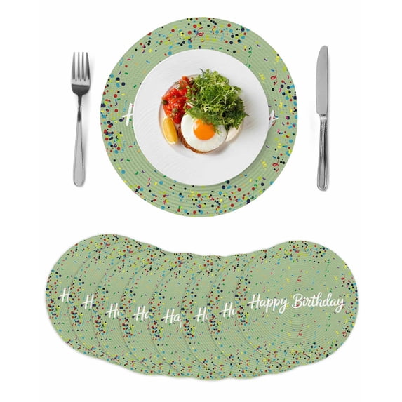 Happy Birthday Round 13 Inch Placemats Set of 8, Sage Green Modern Abstract Art HeatResistant Non Slip Place Mats for Dining Table, Wipeable Braided Kitchen Table Mats for Housewarming