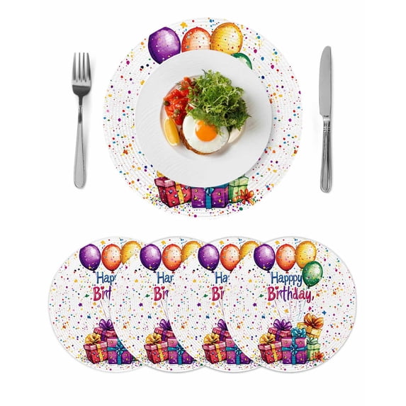 Happy Birthday Round 15 Inch Placemats Set of 4, Colorful Balloon Gifts Patterns HeatResistant Non Slip Place Mats for Dining Table, Wipeable Braided Kitchen Table Mats for Housewarming