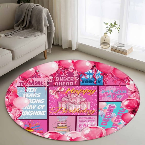 Happy Birthday Round Area Rug 4ft, Pink Balloons Bows Polka Dot Cakes Washable Non-Slip Circle Rugs for Bedroom Living Room Kitchen, Soft Non Shedding Circle Carpet for Dining Room Dorm