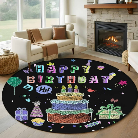 Happy Birthday Round Area Rug 6 FT, Non Slip Bedroom Area Rug, Birthday ...