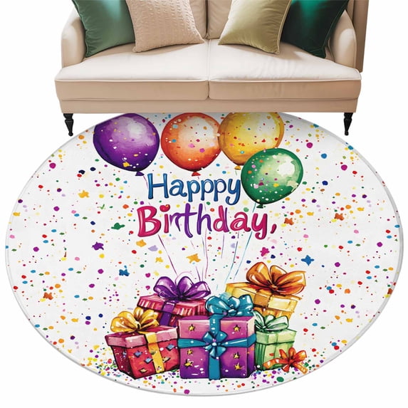 Happy Birthday Round Area&nbsp;Rug 7ft Colorful Balloon Non-Slip&nbsp;Washable Circle Rugs Soft Felt Indoor Floor Mat for Bedroom Kitchen Living Room Bathroom