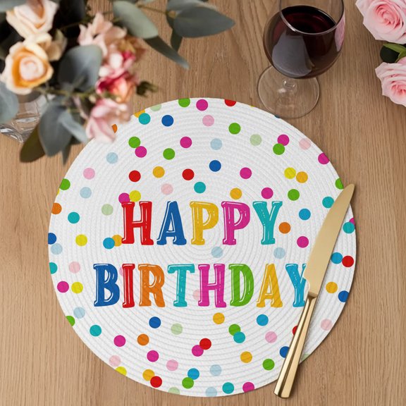 Happy Birthday Round Braided Placemats Set of 1, Modern Celebration Typography Pink Colorful Dots Heat Insulation Place Mats Washable Non-Slip Table Mats for Kitchen Dining Party, 13 Inches