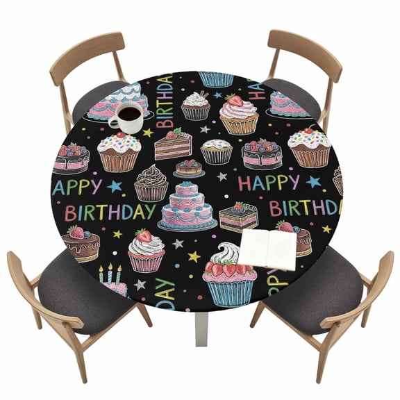 Happy Birthday Round Fitted Table Cover Joyful Party Cupcakes Colorful Birthday Cakes Waterproof Table Cloth with Elastic Edge Wipeable Tablecloth for Picnic Camping Party Fits 36"-44" Tables