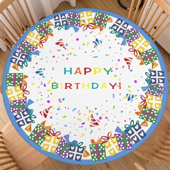 Happy Birthday Round Fitted Tablecloth Best for 40"-44" Holiday Table Cloth Elastic Edge Water-Resistant Washable Colorful Rainbow Gifts Table Cover Confetti for Party Picnic Camping Indoor Decor