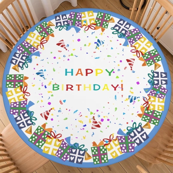 Happy Birthday Round Fitted Tablecloth Best for 44"-48" Holiday Table Cloth Elastic Edge Water-Resistant Washable Colorful Rainbow Gifts Table Cover Confetti for Party Picnic Camping Indoor Decor