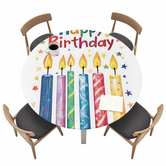 Happy Birthday Round Fitted Tablecloth Colorful Candles Elastic Table Cloth Waterproof Oil Proof Table Cover Fits 55"-60" Round Tables for Party Picnic Dinner Decor