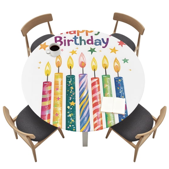 Happy Birthday Round Fitted Tablecloth Colorful Candles Pentagram Elastic Table Cloth Waterproof Oil Proof Table Cover Fits 55"-60" Round Tables for Party Picnic Dinner Decor