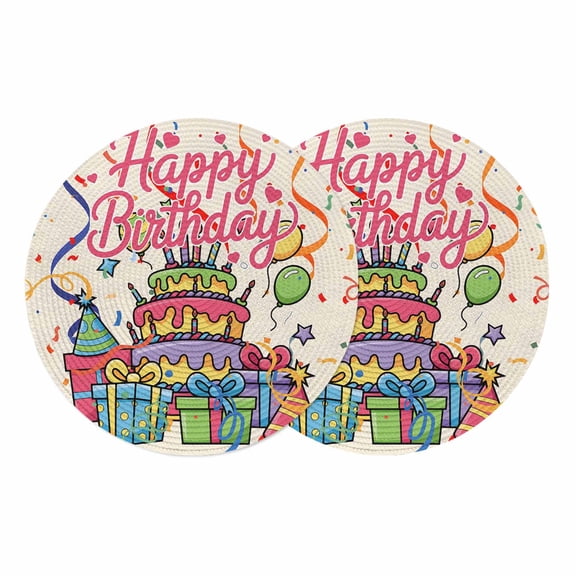 Happy Birthday Round Placemats Set of 2 Ribbon Cake Balloon Cartoon Place Mats Indoor Woven Table Mats Washable Heat-Resistance Braided Dining Table Placemats for Kitchen Holiday Party Decor 13 Inch
