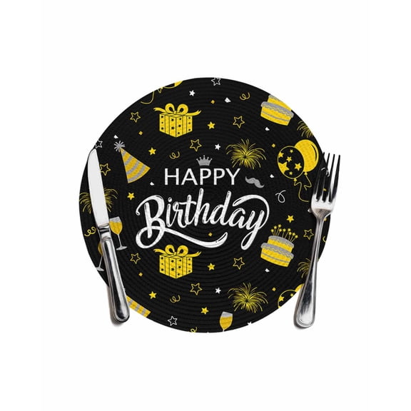 Happy Birthday Round Table Placemats 1 pc, Cake Fireworks Washable Woven Place Mats for Dining Tables Kitchen Party Decor,Heat Proof, 13in, Black Gold