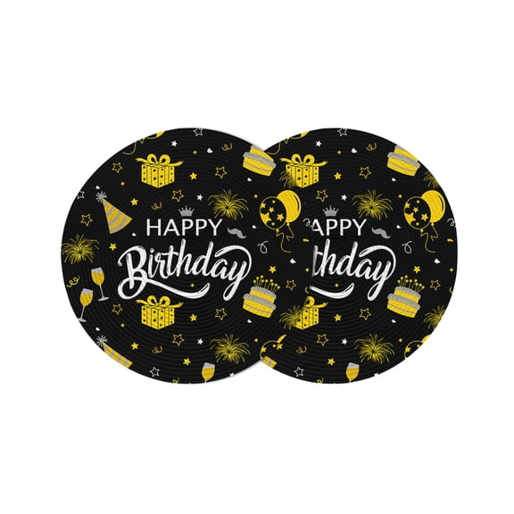 Happy Birthday Round Table Placemats set of 2, Cake Fireworks Washable Woven Place Mats for Dining Tables Kitchen Party Decor,Heat Proof, 13in, Black Gold