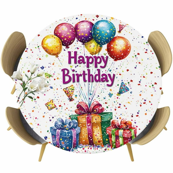 Happy Birthday Round Tablecloth 36-44 Inch Round Fitted Table Cloth with Elastic Edge, Cartoon Colorful Balloon Gift Funny Waterproof Table Cover Protector for Outdoor Picnic Party Dining