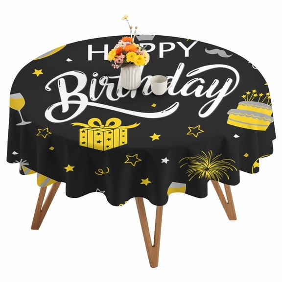 Happy Birthday Round Tablecloth 54 inches, Cake Firwoks Black Waterproof Oil-Proof Table Cloth Round Table Cover for Holiday Party Picnic Dinner Decor Indoor and Outdoor Use
