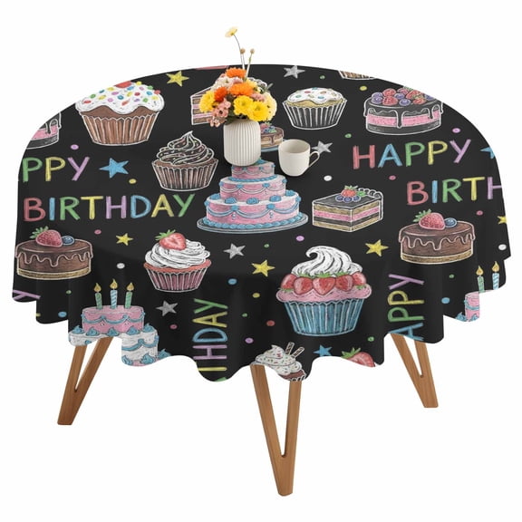 Happy Birthday Round Tablecloth 54 inches Joyful Party Cupcakes Colorful Birthday Cakes Waterproof Oil-Proof Table Cloth Round Table Cover for Holiday Party Picnic Dinner Decor Indoor and Outdoor Use