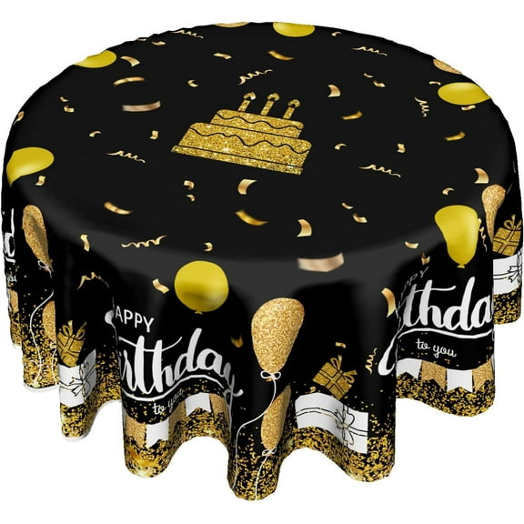 Happy Birthday Round Tablecloth 60" Black Gold Birthday Cake Confetti Flags Balloons Gifts Decorative Circle Table Cloth Cover Stain & Wrinkle Resistant for Dining Room Kitchen Indoor Outdoor