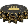 thumbnail image 1 of Happy Birthday Round Tablecloth 60 Inch Black Gold Birthday Cake Flags Ribbon Balloons Gifts Decorative Table Cloth Polyester Table Cover for Birthday Party Kitchen Dining Room Outdoor Home Decor, 1 of 6