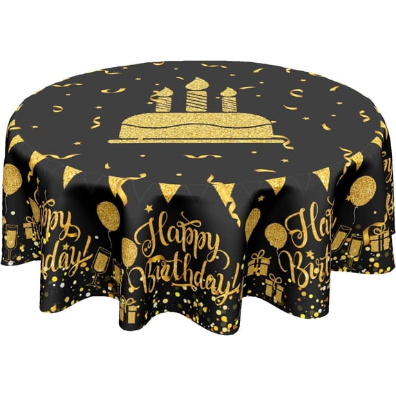 Happy Birthday Round Tablecloth 60 Inch Black Gold Birthday Cake Flags Ribbon Balloons Gifts Decorative Table Cloth Polyester Table Cover for Birthday Party Kitchen Dining Room Outdoor Home Decor